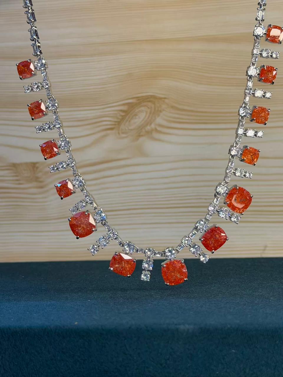Fierce Orange Milky Stone Rhodium Silver Necklace Set with Earrings