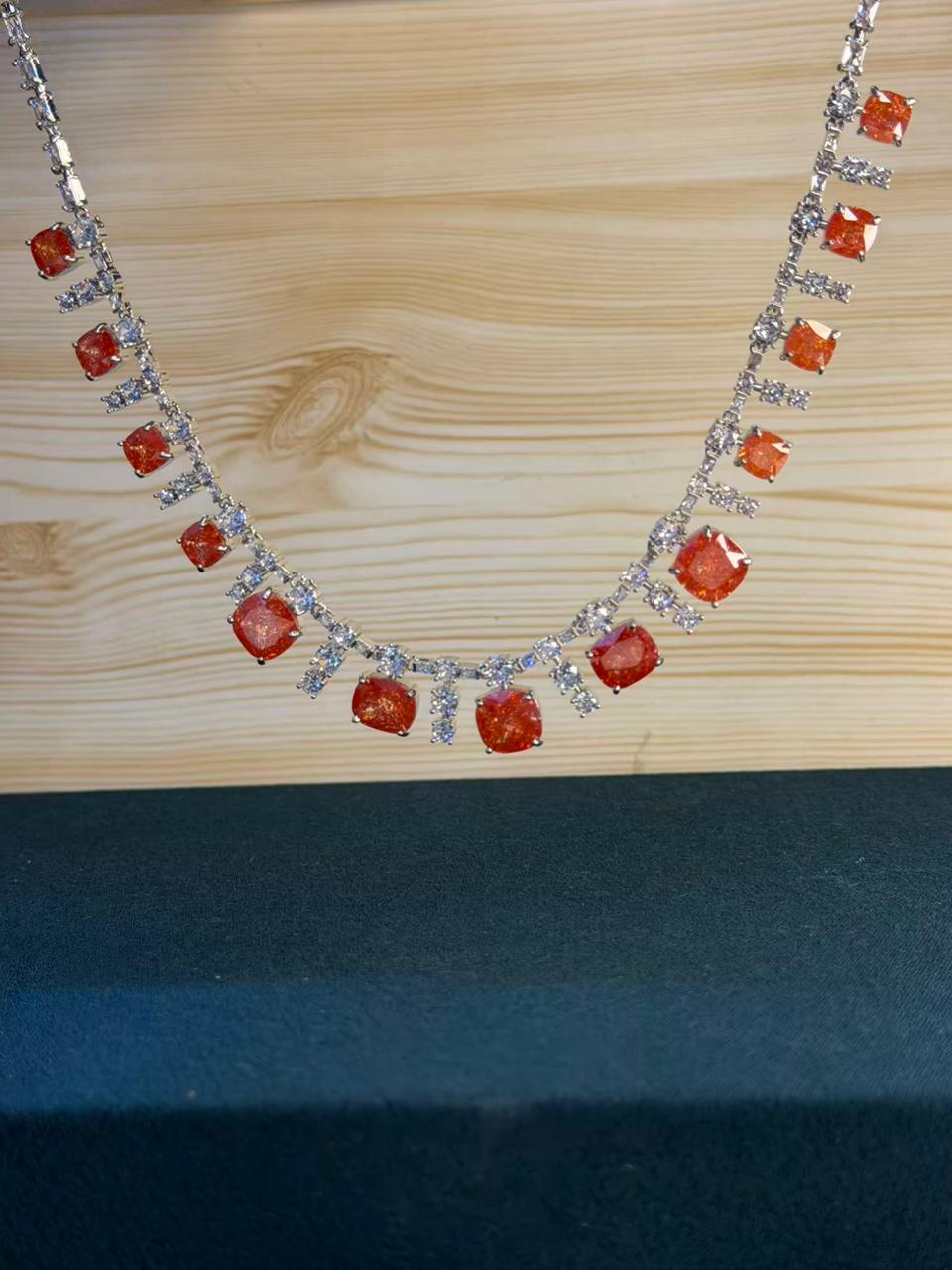 Fierce Orange Milky Stone Rhodium Silver Necklace Set with Earrings