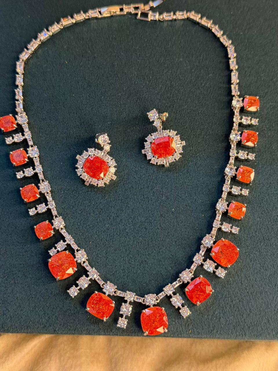 Fierce Orange Milky Stone Rhodium Silver Necklace Set with Earrings