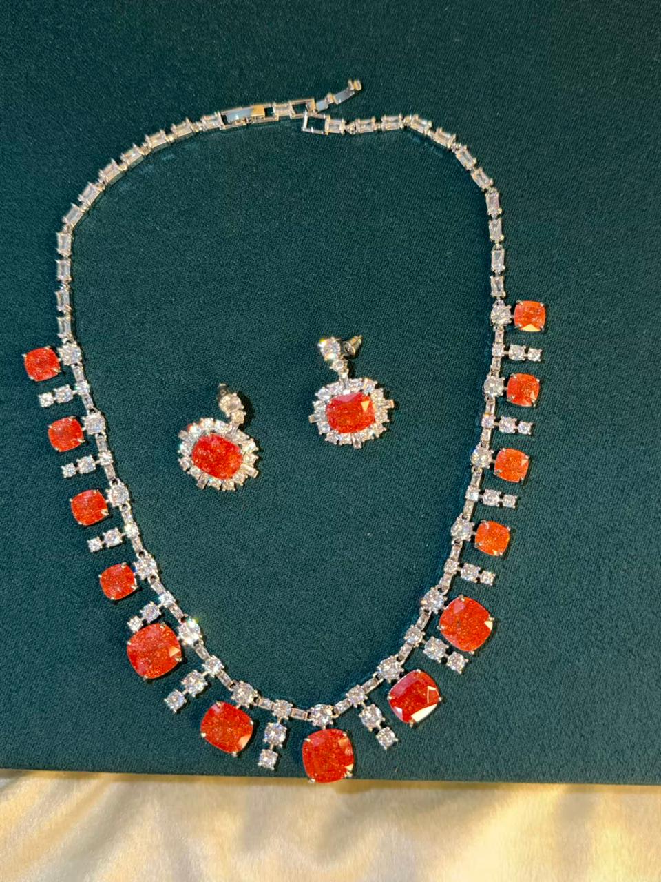 Fierce Orange Milky Stone Rhodium Silver Necklace Set with Earrings