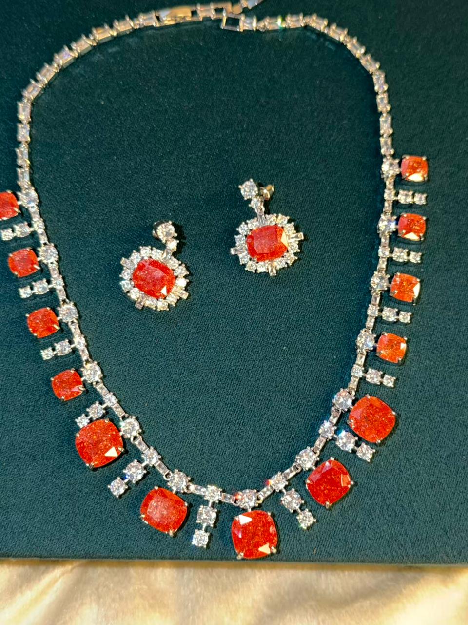 Fierce Orange Milky Stone Rhodium Silver Necklace Set with Earrings