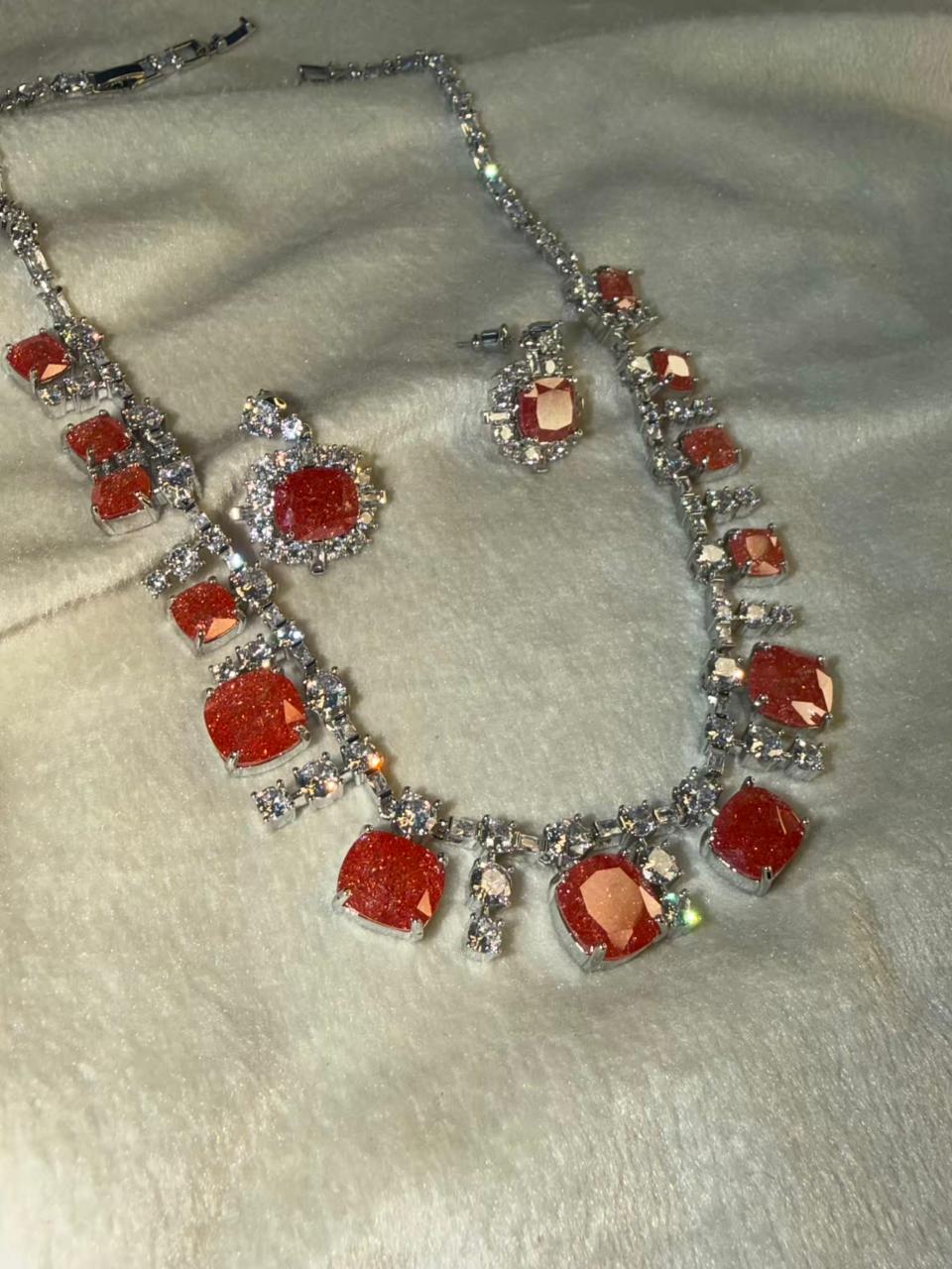 Fierce Orange Milky Stone Rhodium Silver Necklace Set with Earrings
