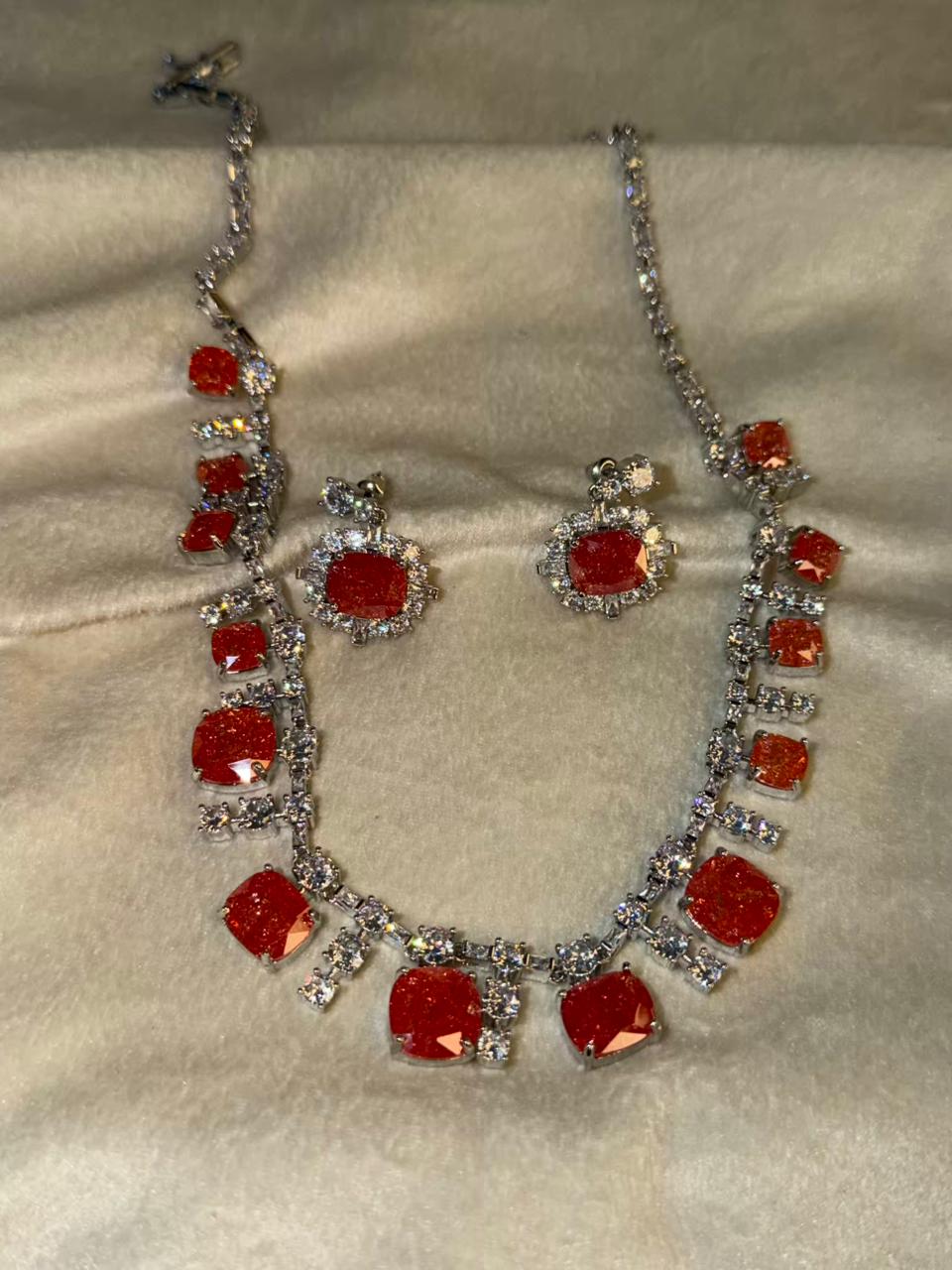 Fierce Orange Milky Stone Rhodium Silver Necklace Set with Earrings