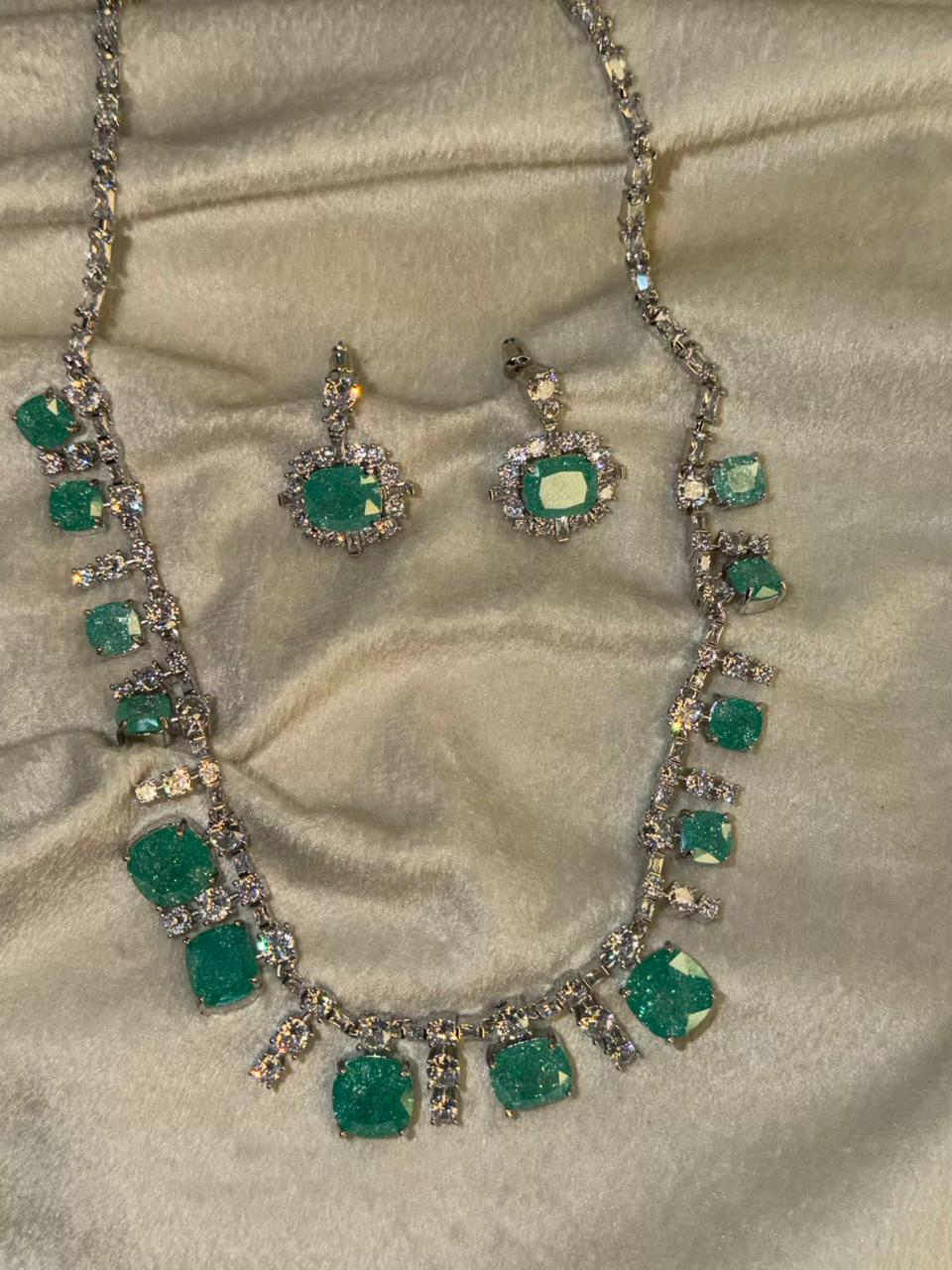 Ocean Diamond  Rhodium Silver Necklace Set with Earrings