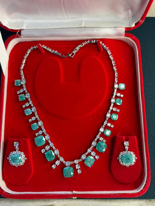 Ocean Diamond  Rhodium Silver Necklace Set with Earrings