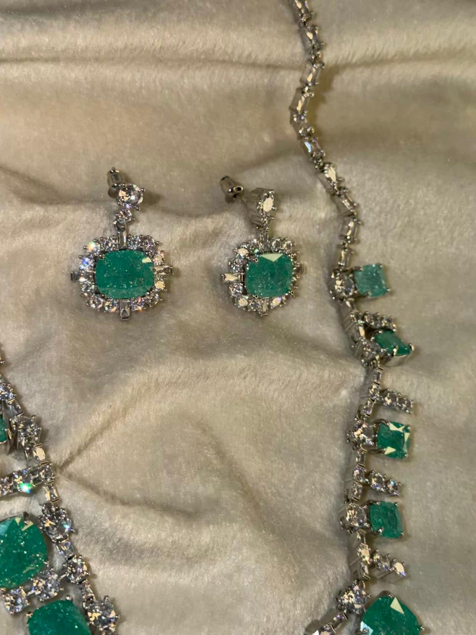 Ocean Diamond  Rhodium Silver Necklace Set with Earrings