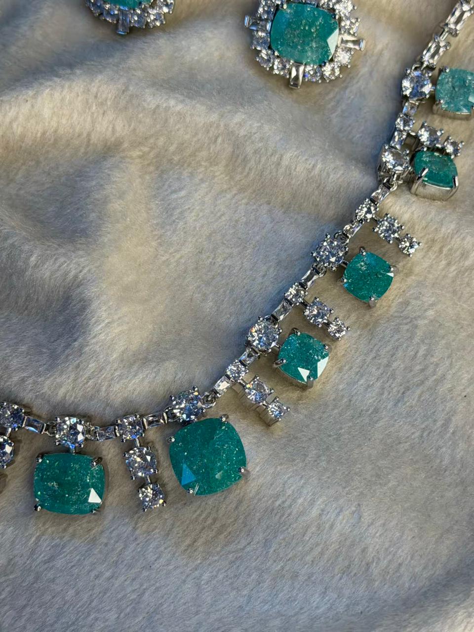 Ocean Diamond  Rhodium Silver Necklace Set with Earrings