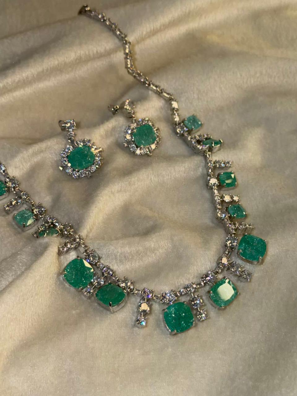 Ocean Diamond  Rhodium Silver Necklace Set with Earrings