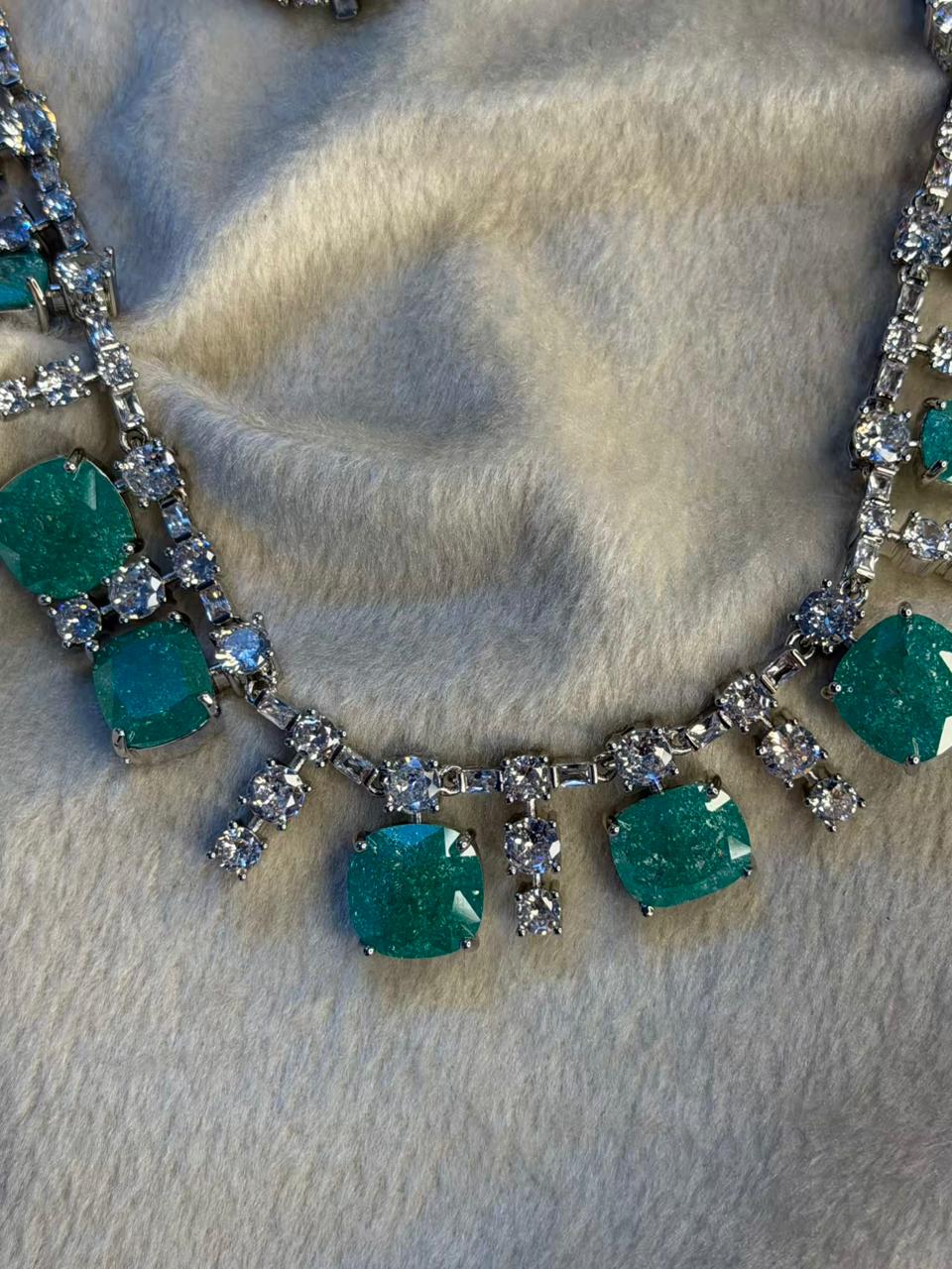 Ocean Diamond  Rhodium Silver Necklace Set with Earrings