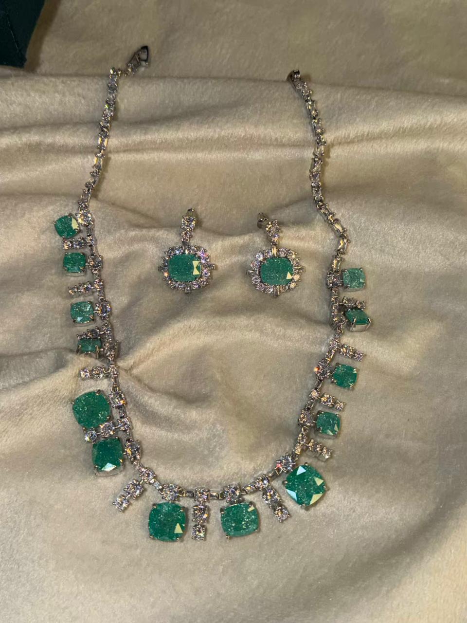 Ocean Diamond  Rhodium Silver Necklace Set with Earrings