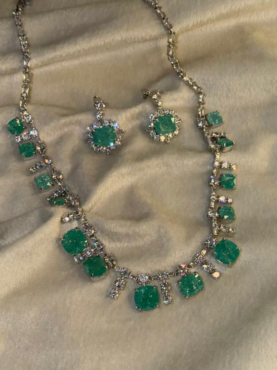 Ocean Diamond  Rhodium Silver Necklace Set with Earrings