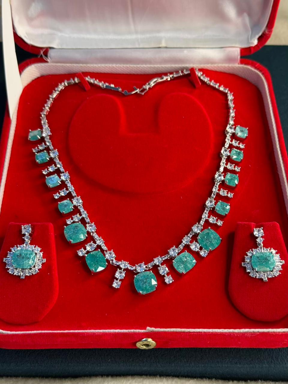 Ocean Diamond  Rhodium Silver Necklace Set with Earrings