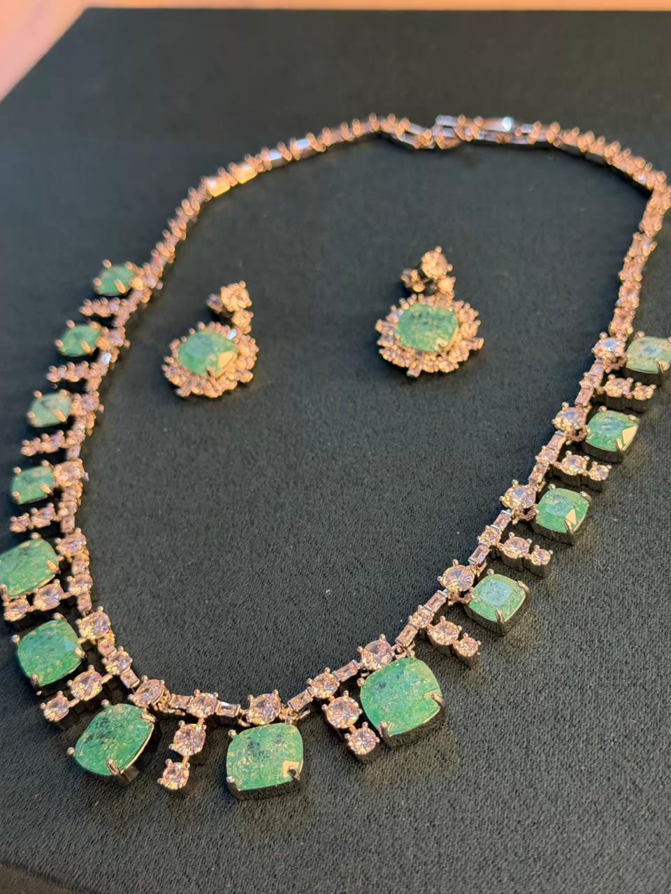 Ocean Diamond  Rhodium Silver Necklace Set with Earrings