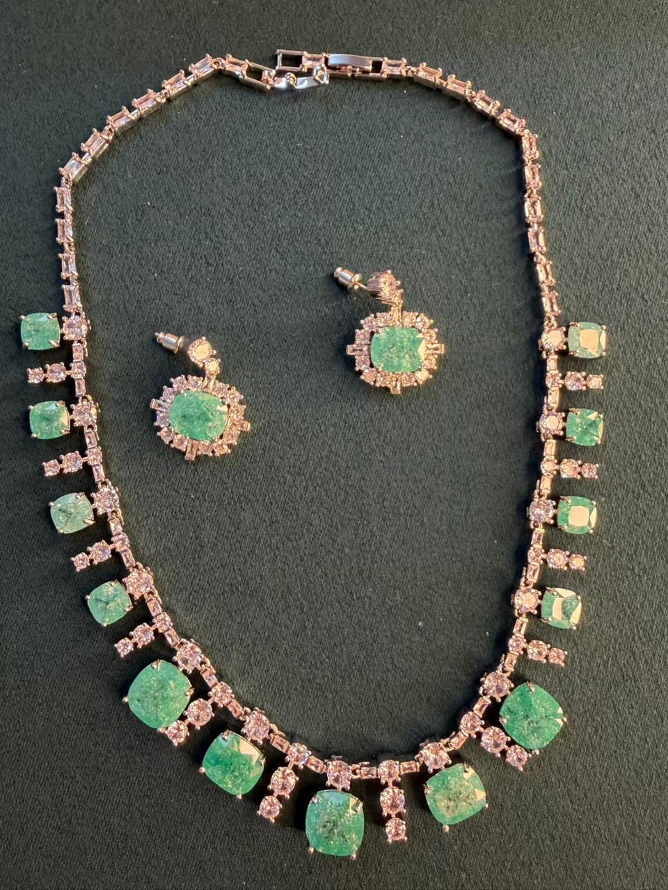 Ocean Diamond  Rhodium Silver Necklace Set with Earrings