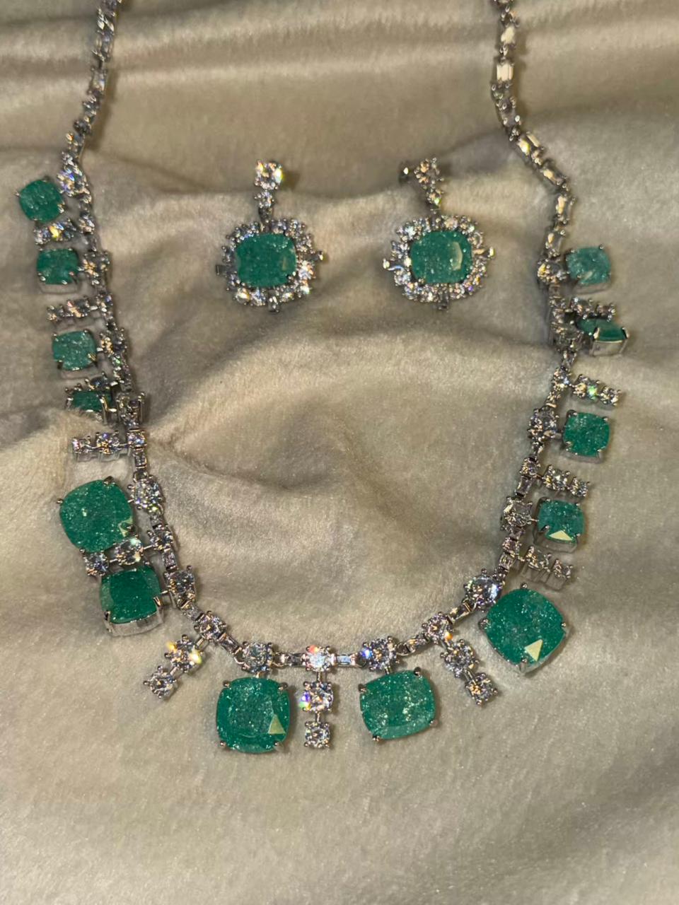 Ocean Diamond  Rhodium Silver Necklace Set with Earrings