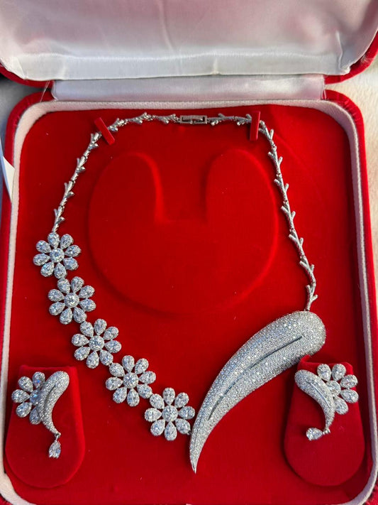 White Floral Rhodium Plated Necklace Set with Earrings