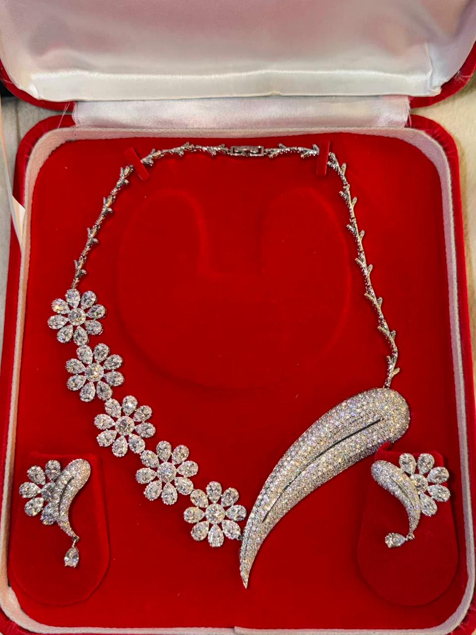 White Floral Rhodium Plated Necklace Set with Earrings