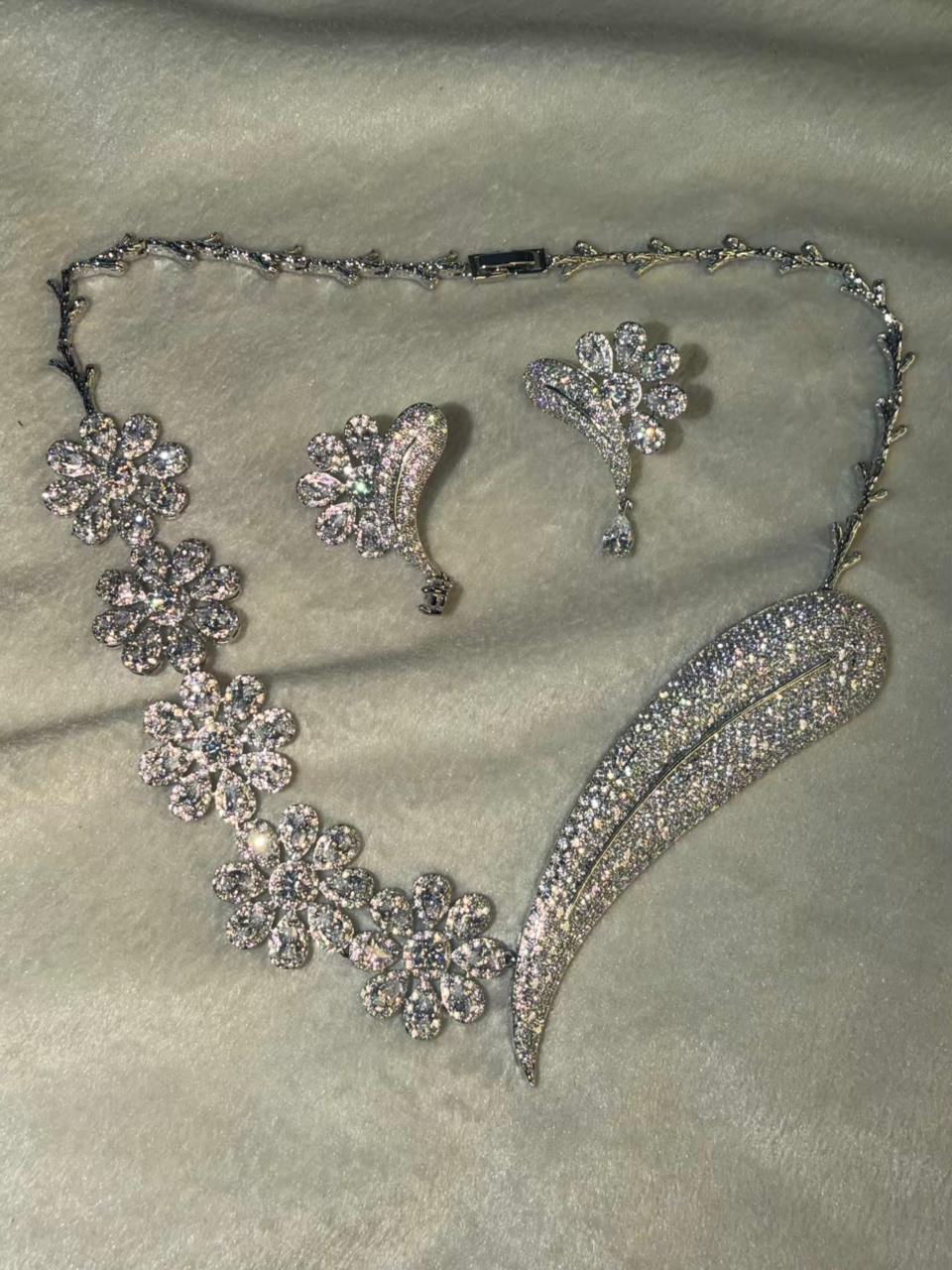 White Floral Rhodium Plated Necklace Set with Earrings