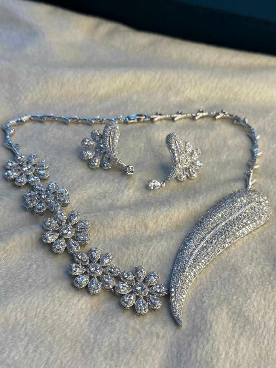 White Floral Rhodium Plated Necklace Set with Earrings