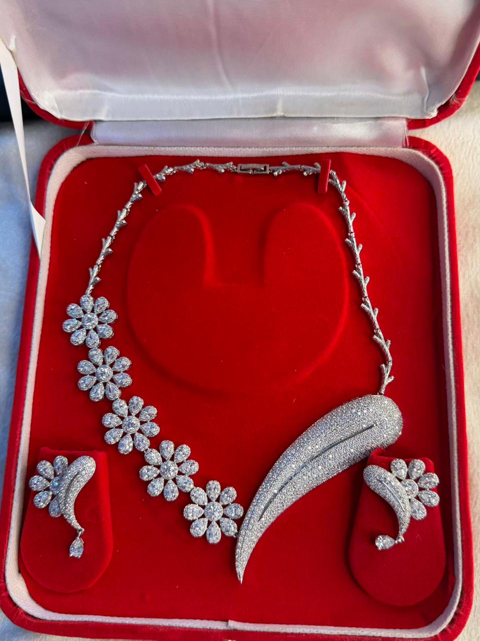 White Floral Rhodium Plated Necklace Set with Earrings