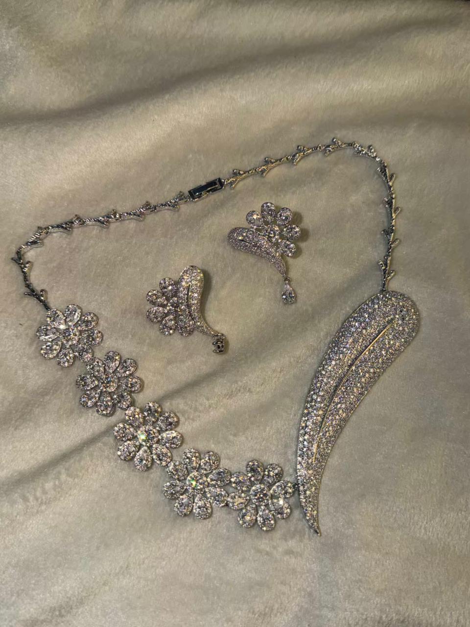 White Floral Rhodium Plated Necklace Set with Earrings