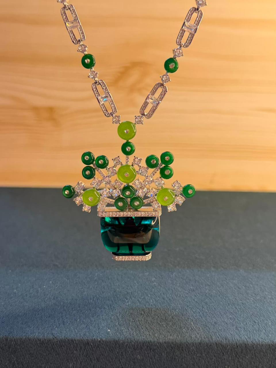 Emerald Green Rhodium Plated Necklace Set with Earrings