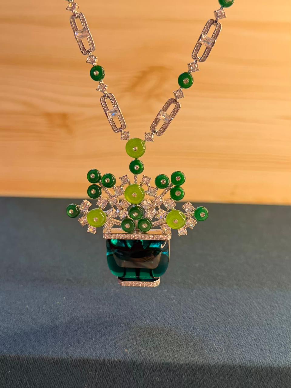 Emerald Green Rhodium Plated Necklace Set with Earrings