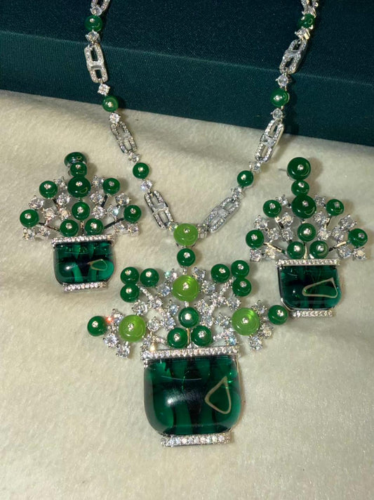 Emerald Green Rhodium Plated Necklace Set with Earrings