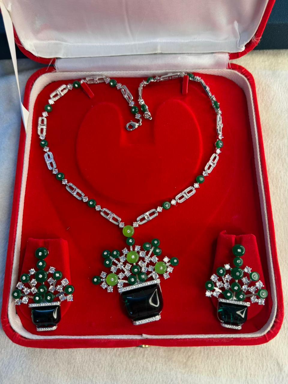 Emerald Green Rhodium Plated Necklace Set with Earrings