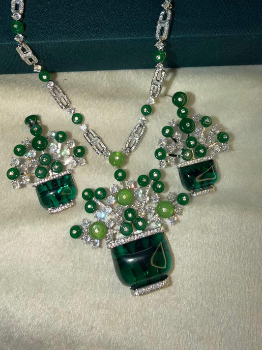 Emerald Green Rhodium Plated Necklace Set with Earrings