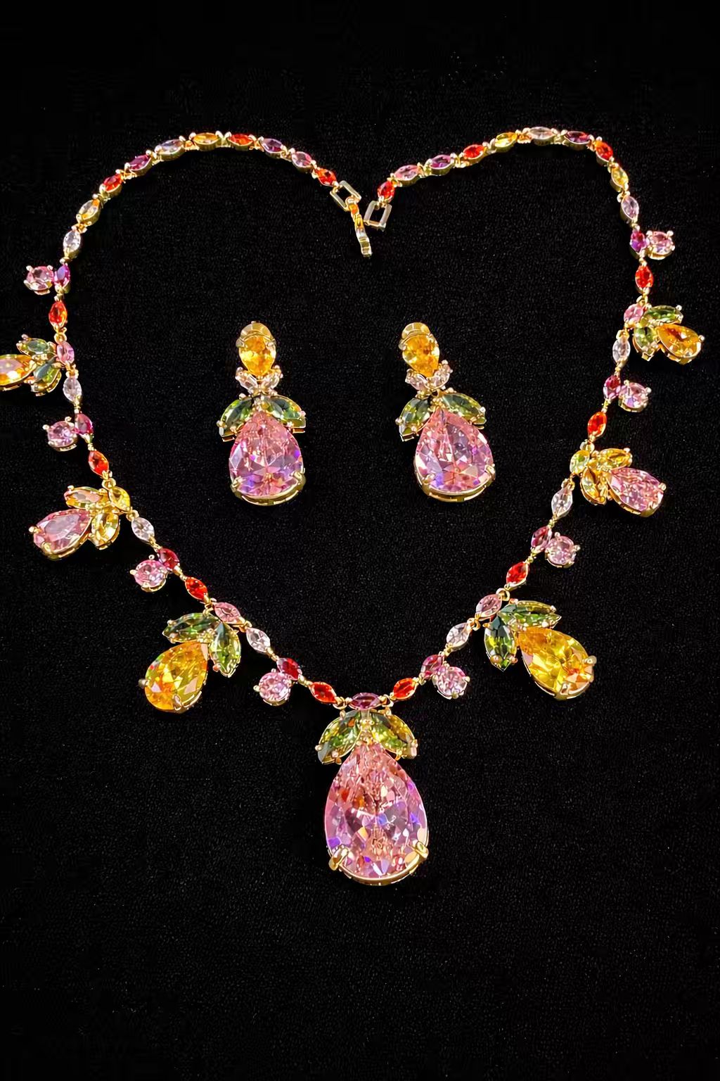 Multicoloured Floral Rhodium Plated Necklace Set with Earrings