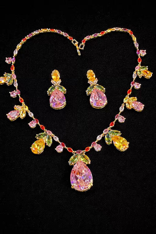 Multicoloured Floral Rhodium Plated Necklace Set with Earrings