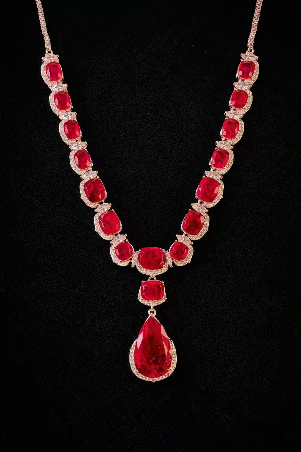 Ruby Red Luxury Studded Necklace and Studs Sets in Rhodium Silver Plating
