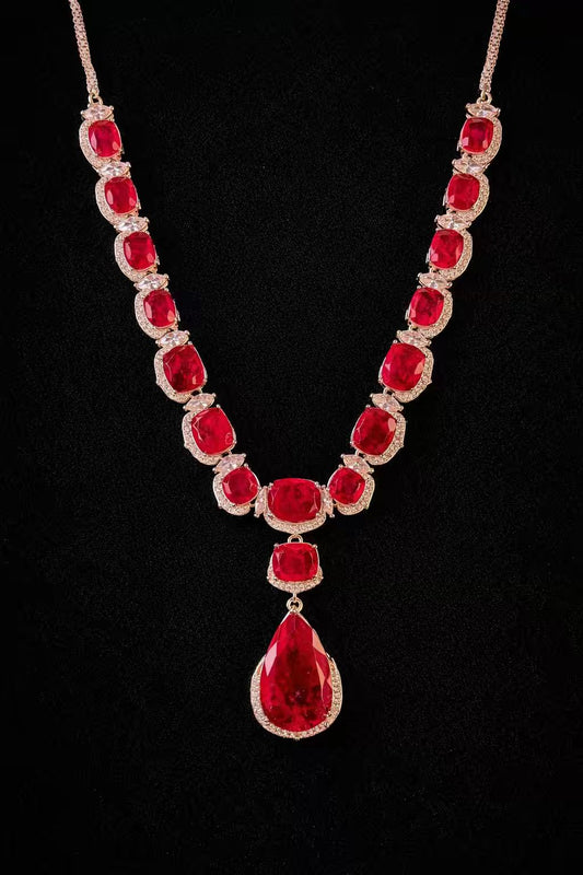 Ruby Red Luxury Studded Necklace and Studs Sets in Rhodium Silver Plating