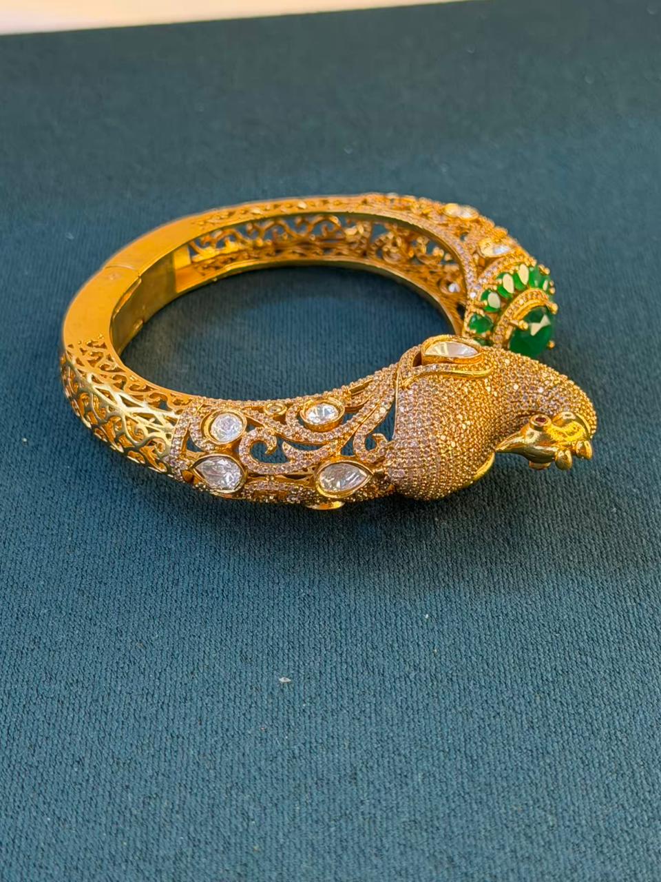 Peacock Green Emerald Moissanite Traditional Bangle in Dark Gold Premium Plating