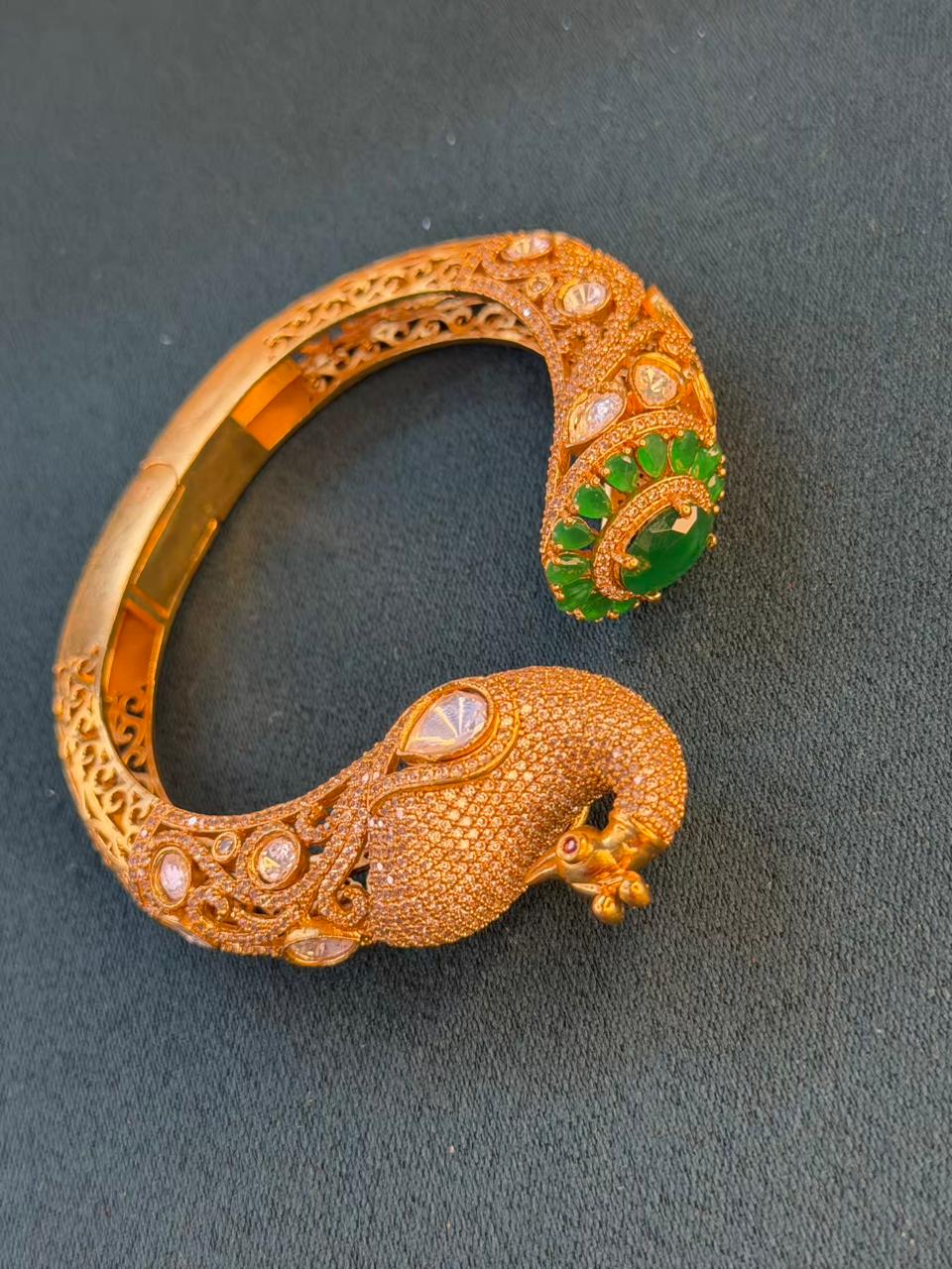 Peacock Green Emerald Moissanite Traditional Bangle in Dark Gold Premium Plating