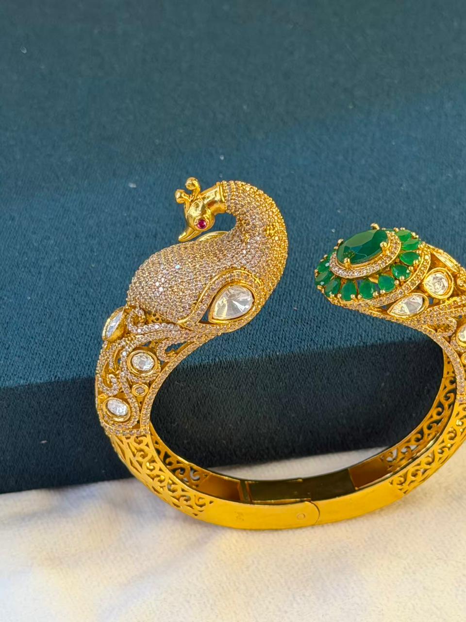 Peacock Green Emerald Moissanite Traditional Bangle in Dark Gold Premium Plating