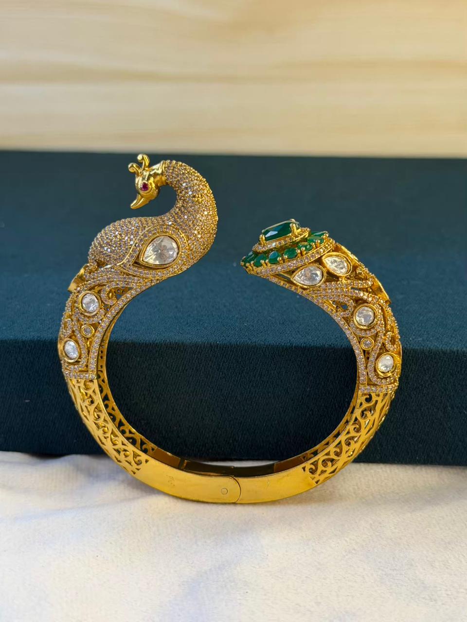 Peacock Green Emerald Moissanite Traditional Bangle in Dark Gold Premium Plating
