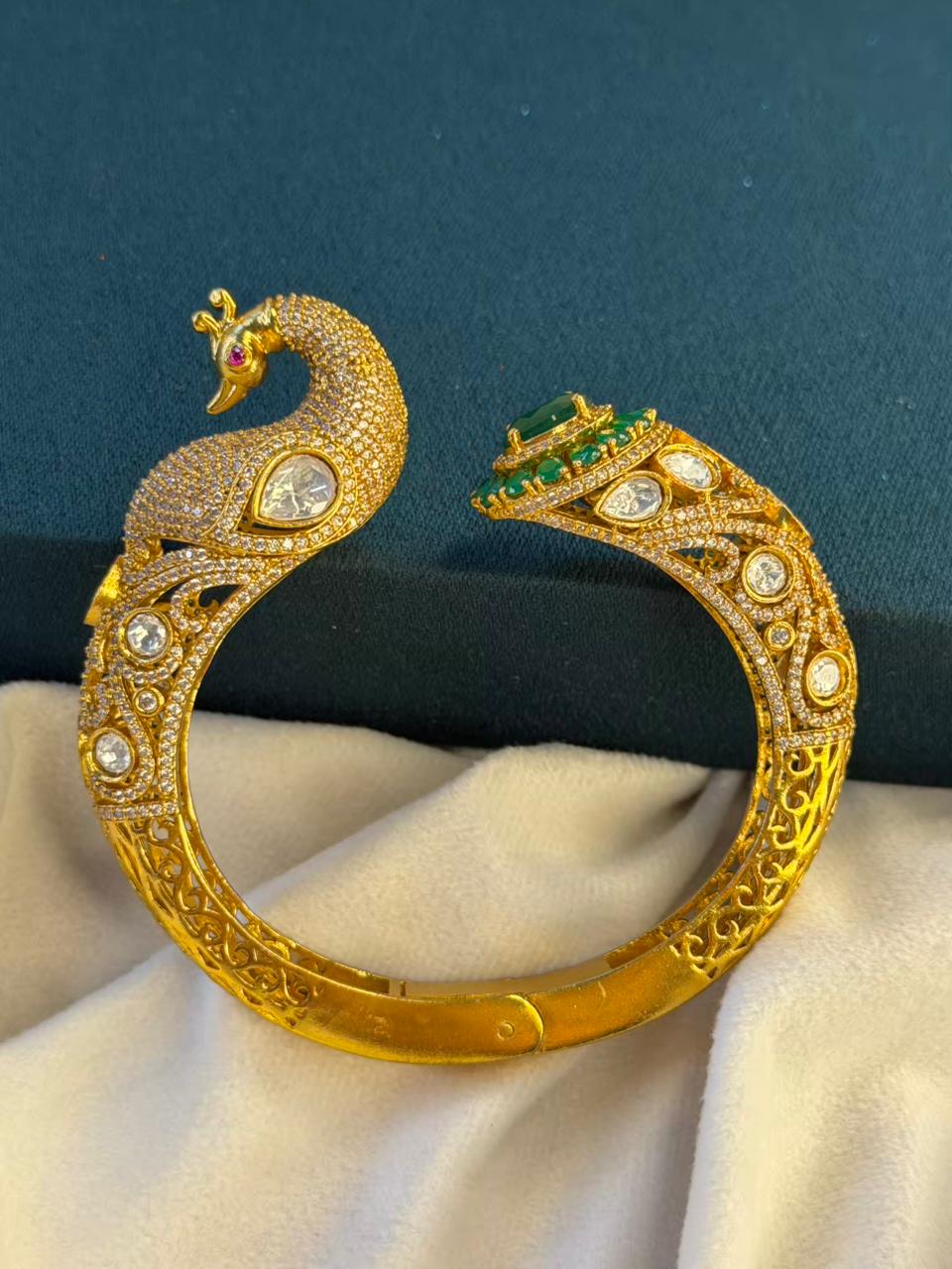 Peacock Green Emerald Moissanite Traditional Bangle in Dark Gold Premium Plating