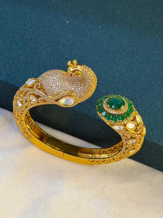 Peacock Green Emerald Moissanite Traditional Bangle in Dark Gold Premium Plating