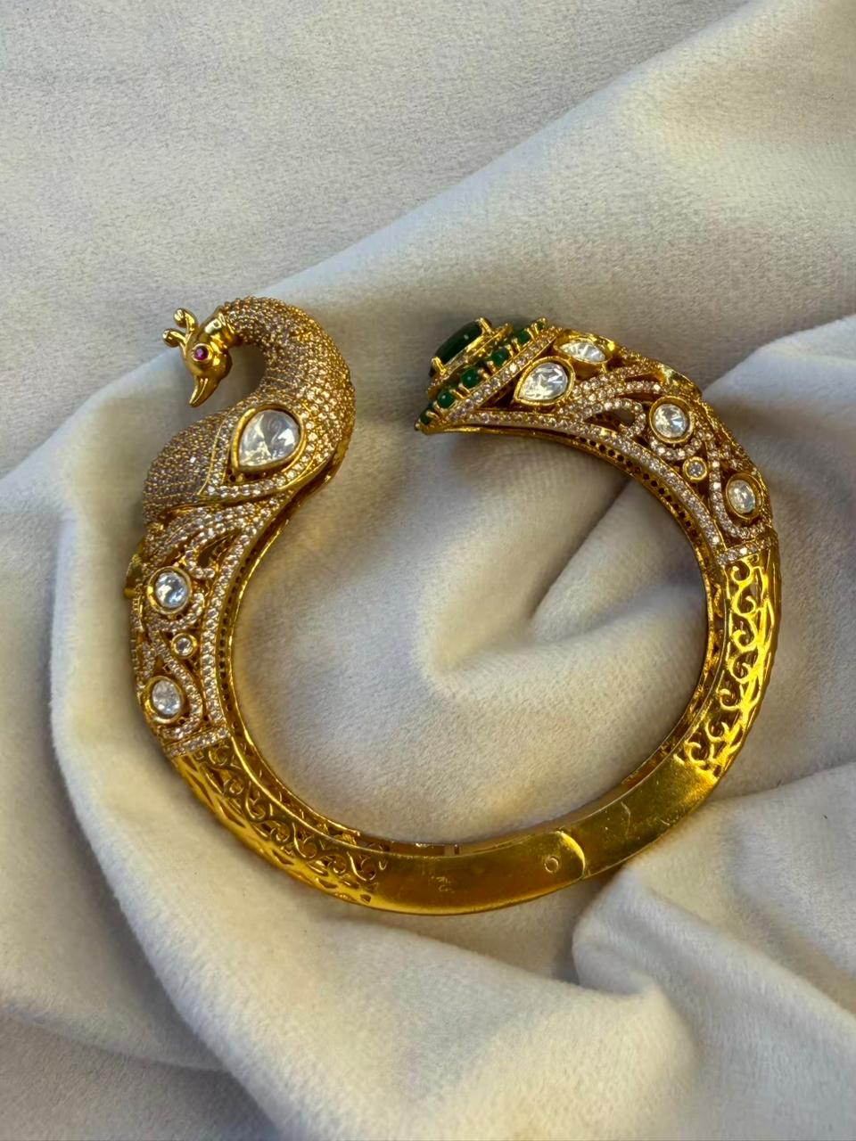 Peacock Green Emerald Moissanite Traditional Bangle in Dark Gold Premium Plating