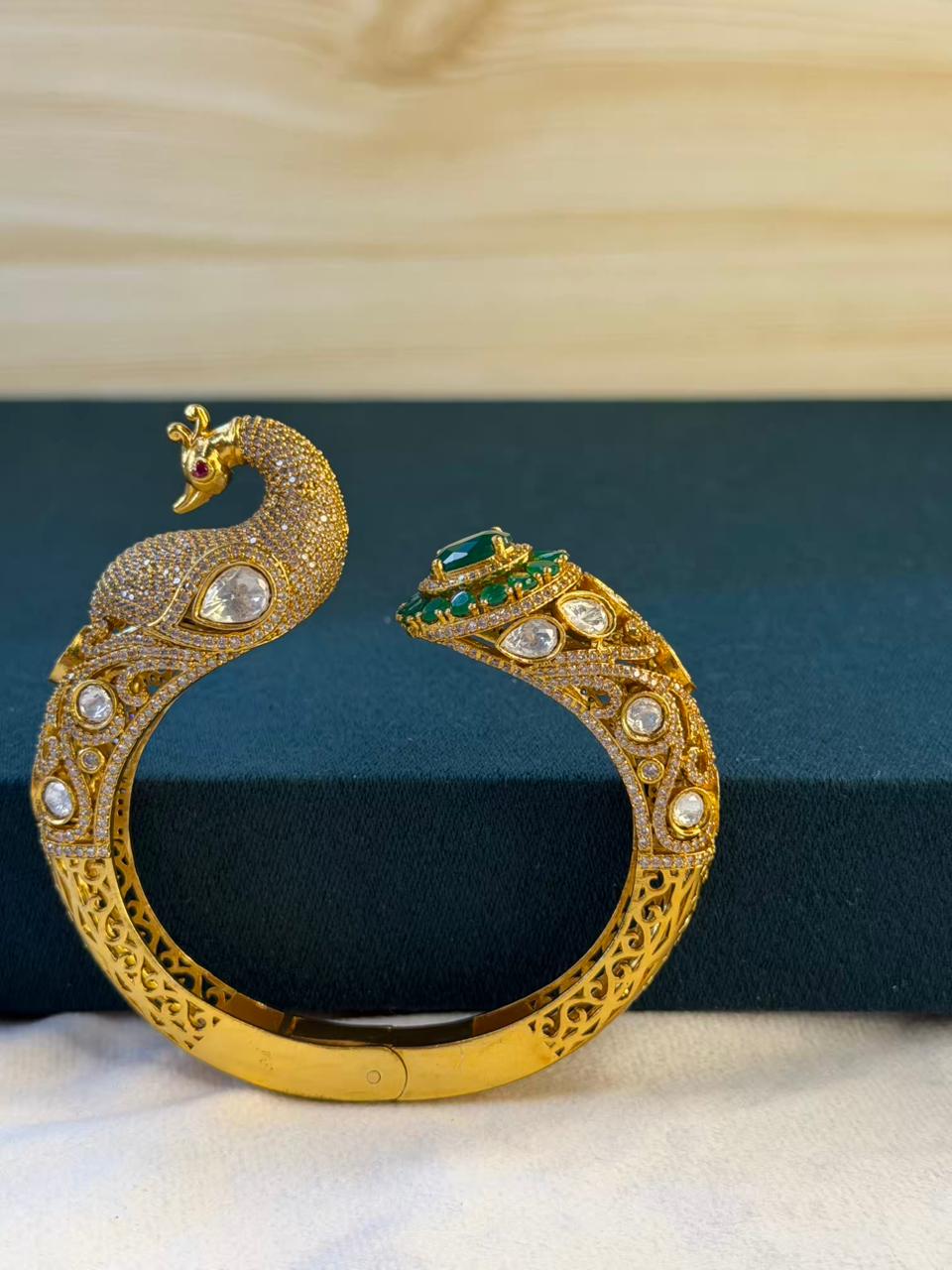 Peacock Green Emerald Moissanite Traditional Bangle in Dark Gold Premium Plating