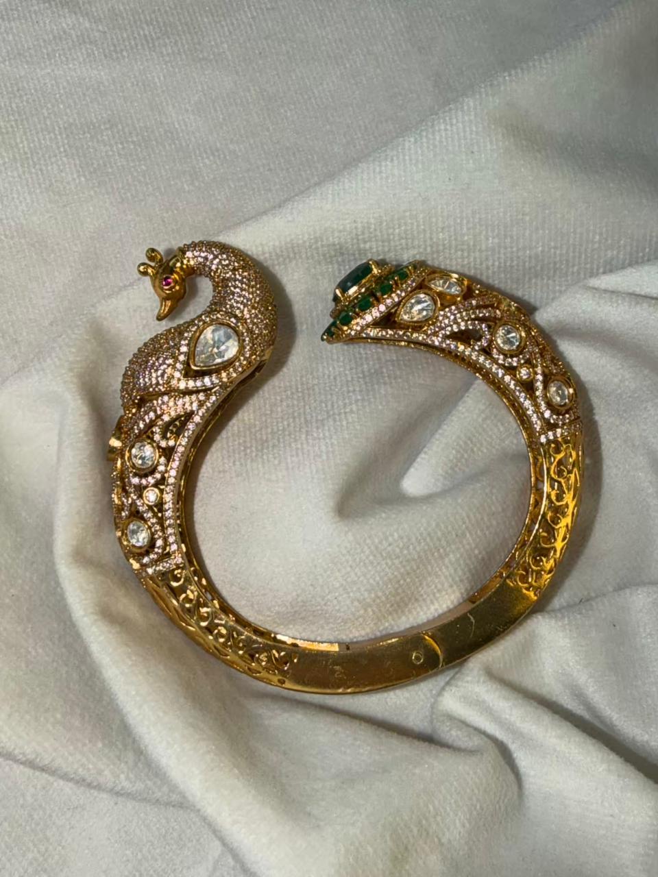 Peacock Green Emerald Moissanite Traditional Bangle in Dark Gold Premium Plating