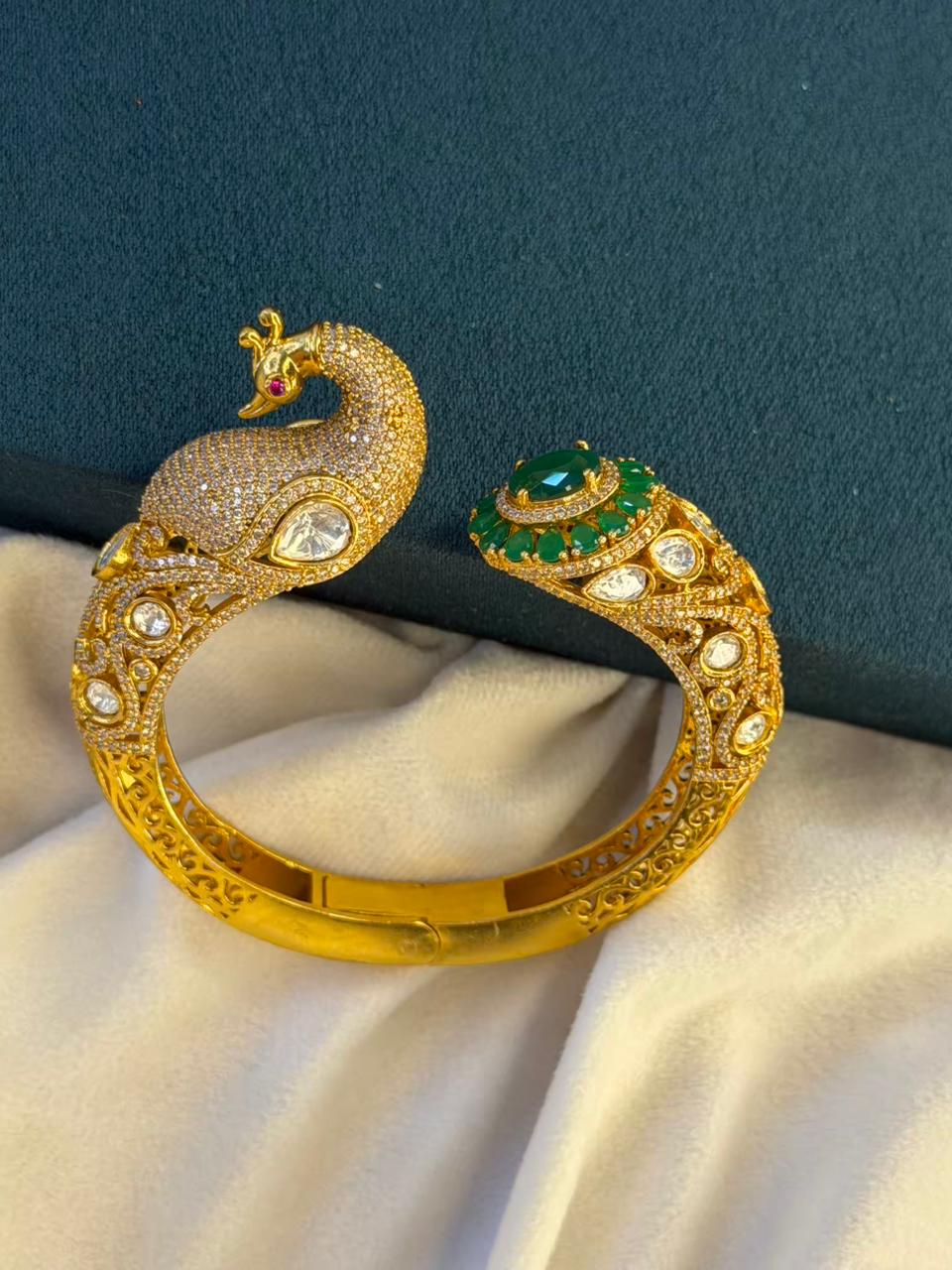 Peacock Green Emerald Moissanite Traditional Bangle in Dark Gold Premium Plating