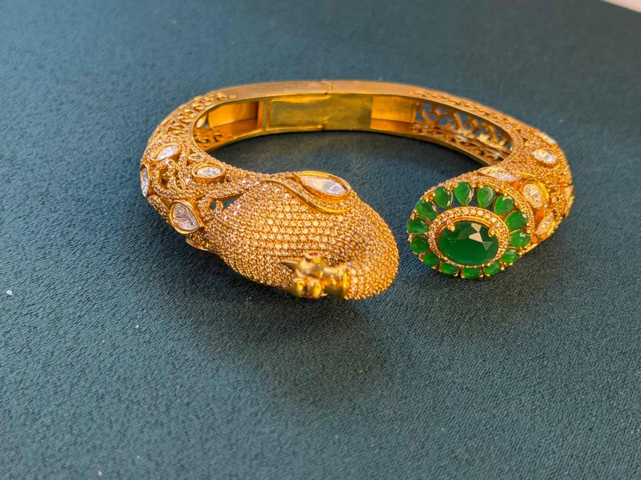 Peacock Green Emerald Moissanite Traditional Bangle in Dark Gold Premium Plating