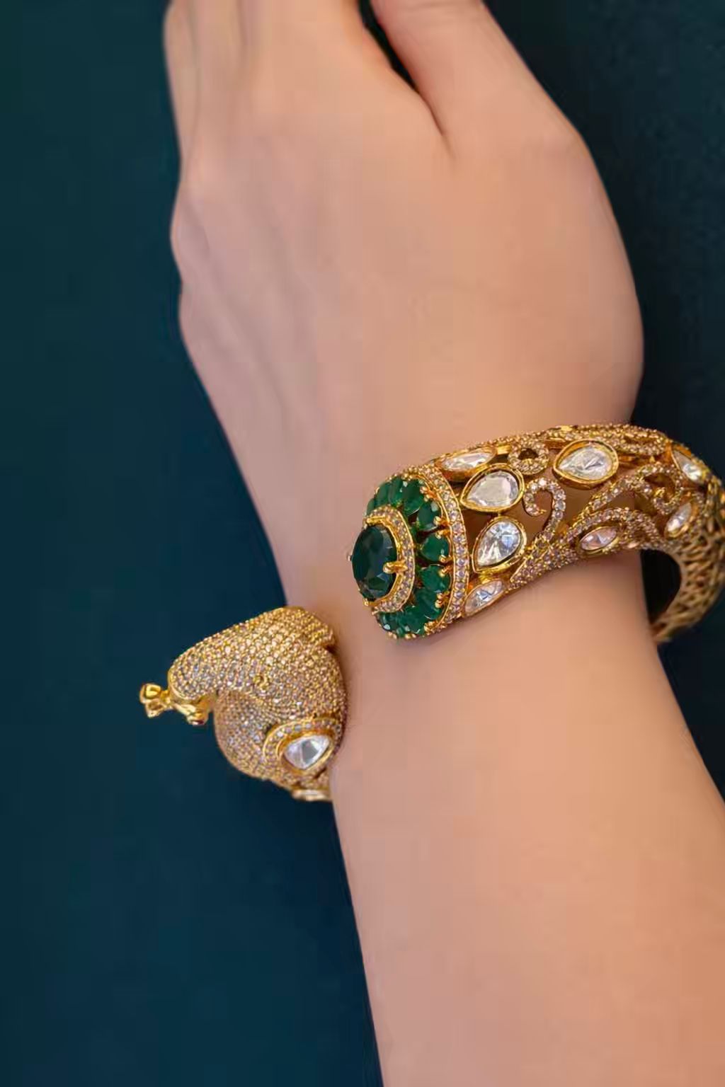 Peacock Green Emerald Moissanite Traditional Bangle in Dark Gold Premium Plating