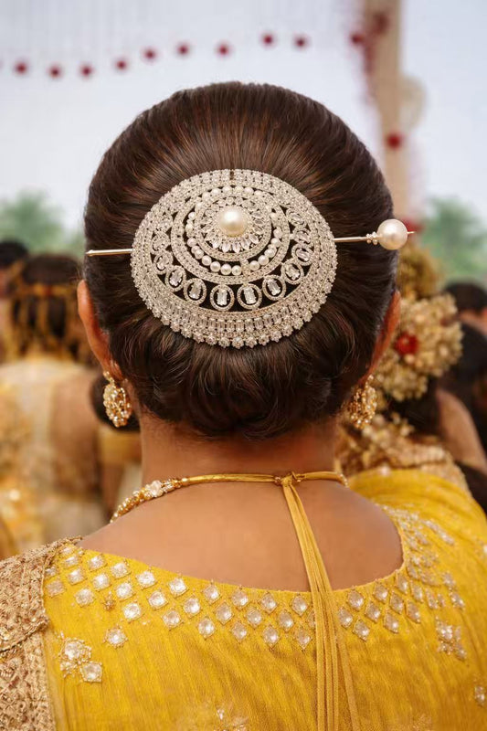 Hair Bun Diamond Loaded Juda with Pin in Silver Plating