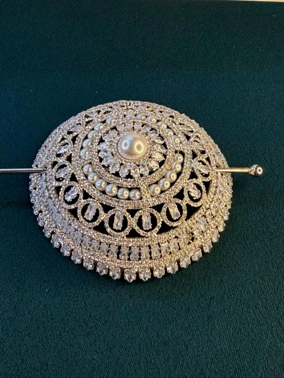 Hair Bun Diamond Loaded Juda with Pin in Silver Plating