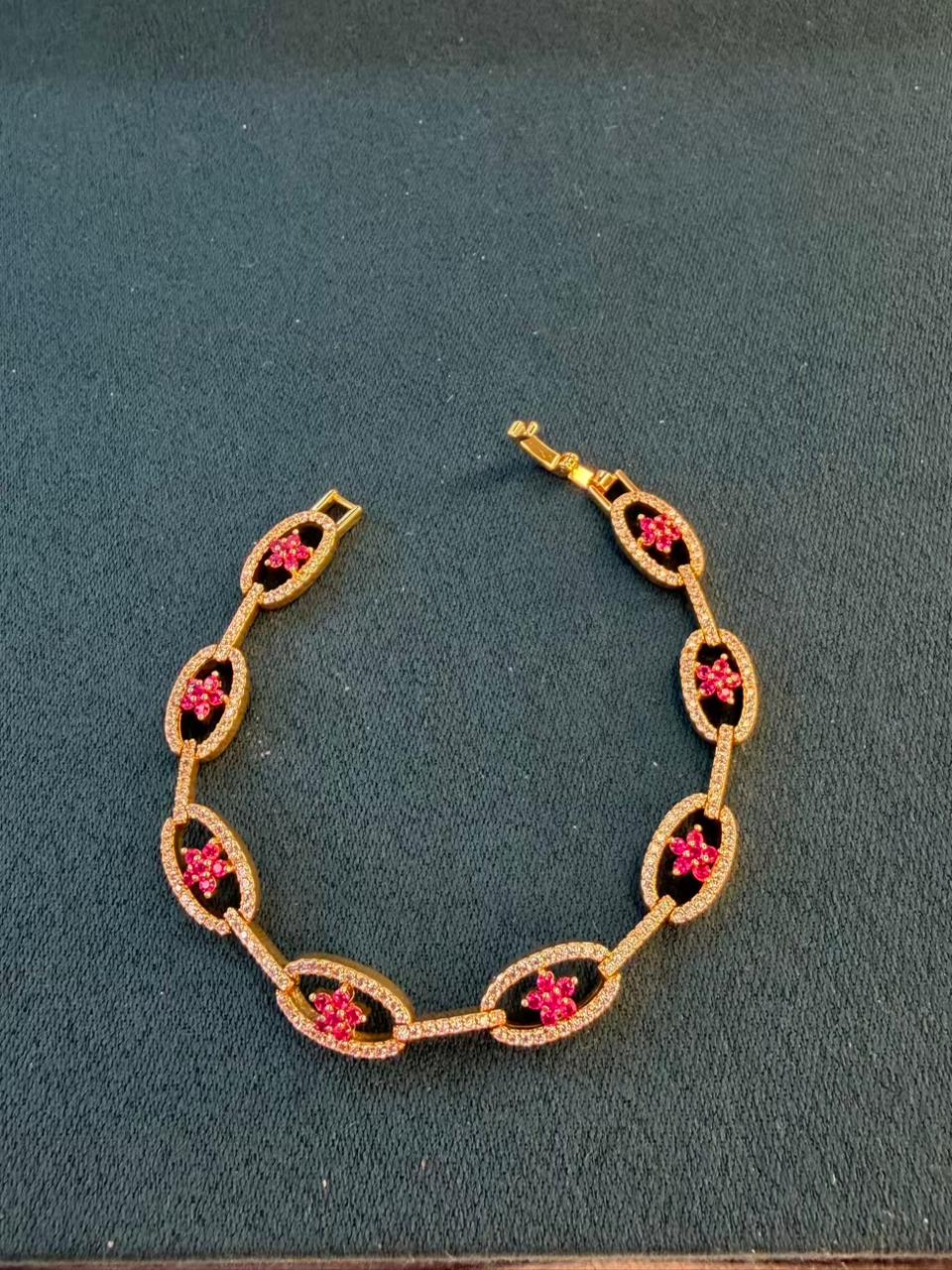 White Red Stones  Round Star Shaped Gold  Plated Tennis Bracelet