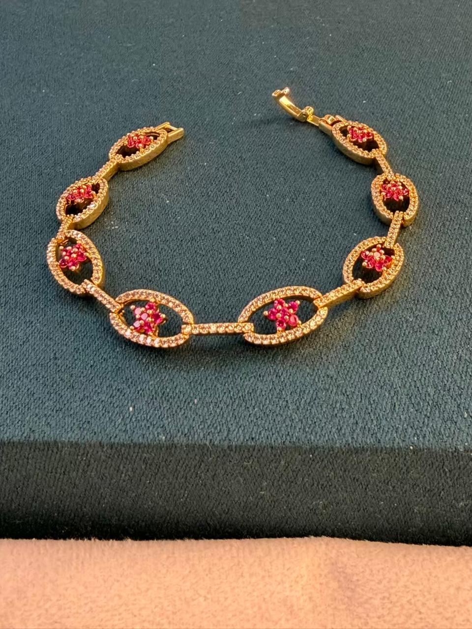 White Red Stones  Round Star Shaped Gold  Plated Tennis Bracelet